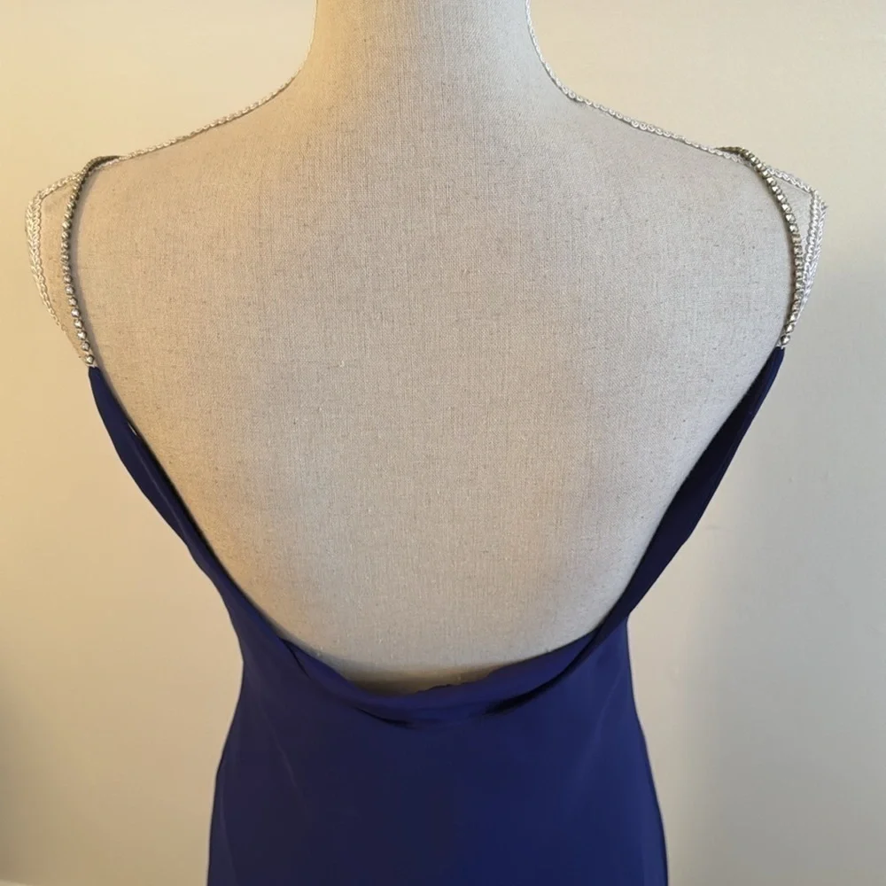 Dave & Johnny Women’s Formal Dress Sz M Backless Rhinestones Strap Blue Chiffon